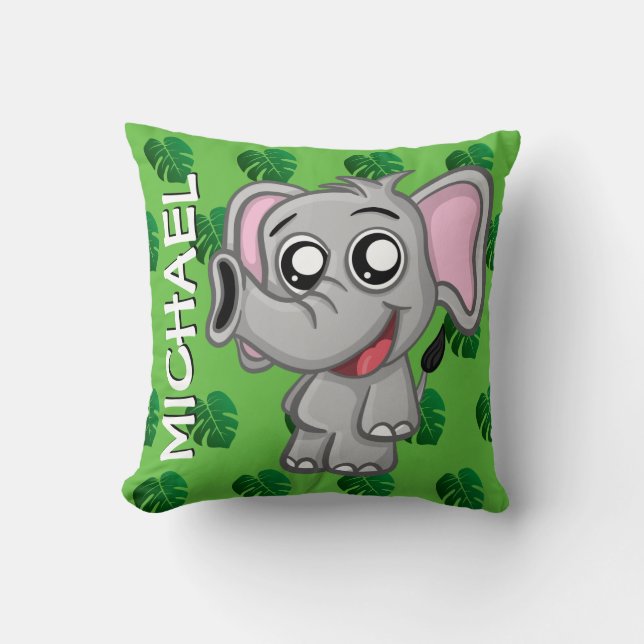 Cute Elephant Jungle Rainforest Green Name Cartoon Throw Pillow (Front)
