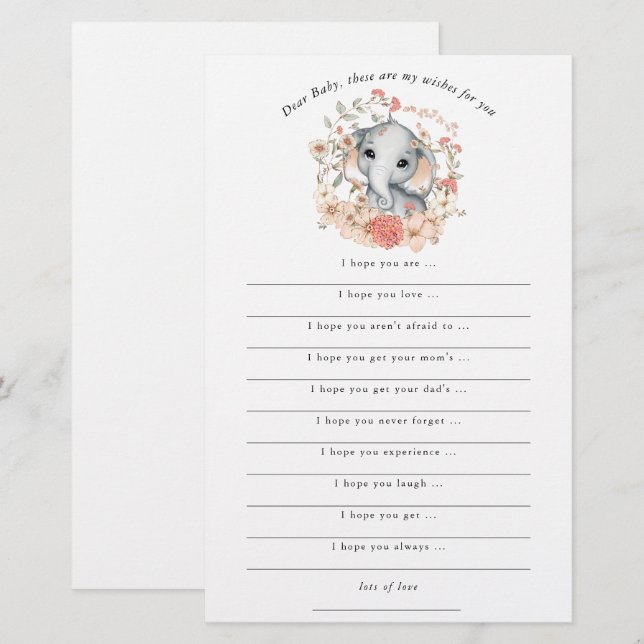 Cute Elephant Jungle Wishes for Baby Girl Shower (Front/Back)