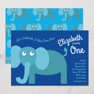 Cute Elephant Kids 1st Birthday Party Invitations