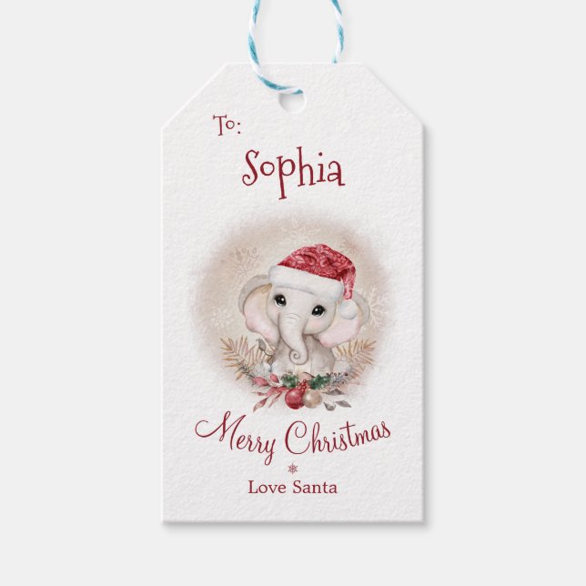 Cute Elephant Kids Girl Christmas Gift Tag (Front)