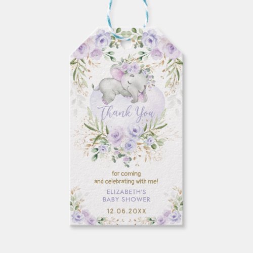 Cute Elephant Lavender Gold Floral Baby Shower Gift Tags