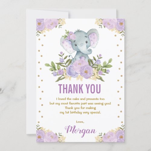 Cute Elephant Lavender Purple Gold Floral Thank You Card