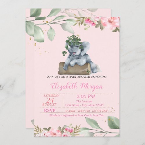Cute Elephant Leave Floral Baby Shower Invitation