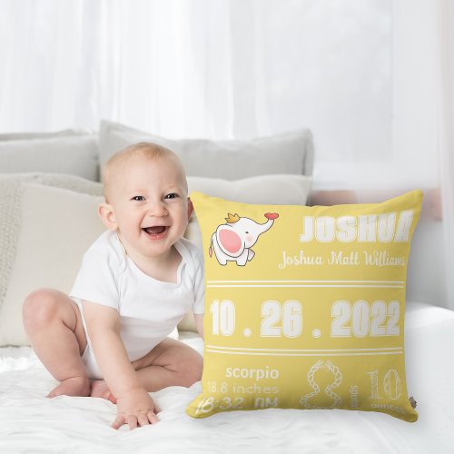 Cute Elephant Lemon Yellow Birth Announcement Throw Pillow