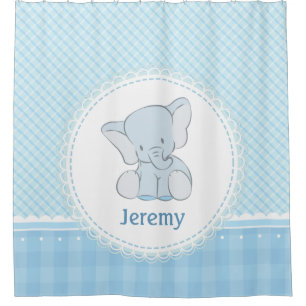 Cute Elephant Light Blue Plaid for Kids Children Shower Curtain