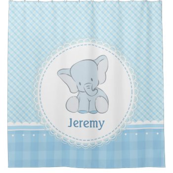 Cute Elephant Light Blue Plaid For Kids Children Shower Curtain by ShowerCurtain101 at Zazzle