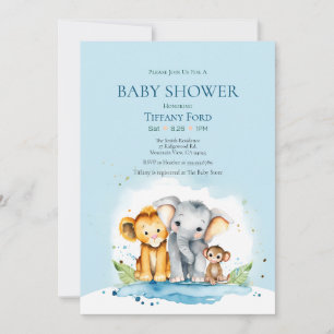 Cute Elephant, Lion, and Monkey Jungle Baby Shower Invitation