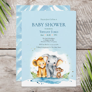 Cute Elephant, Lion, and Monkey Jungle Baby Shower Invitation
