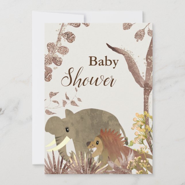 Cute Elephant, Lion & Floral Art Baby Shower   Invitation (Front)