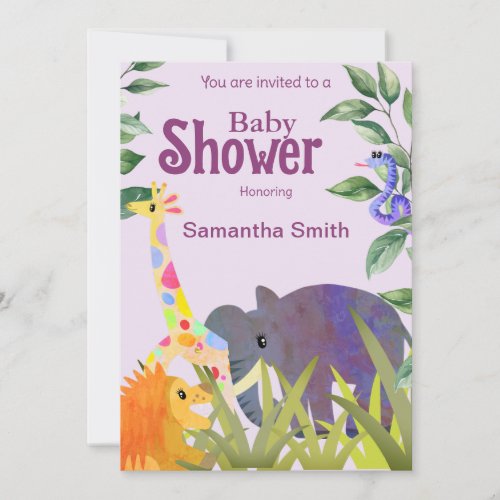 Cute Elephant Lion Giraffe Greenery Baby Shower Invitation