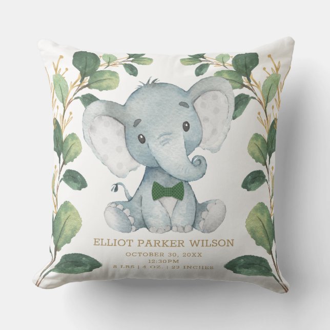 Cute Elephant Little Man Greenery Gold Birth Stats Throw Pillow (Front)