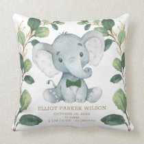 Cute Elephant Little Man Greenery Gold Birth Stats Throw Pillow