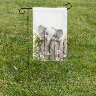 CUTE ELEPHANT LOOKING OVER A FENCE WITH FLOWERS GARDEN FLAG