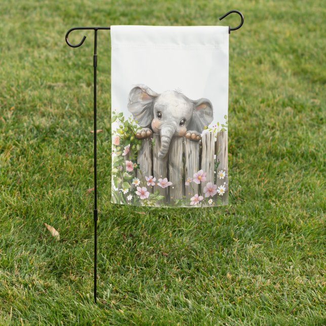 CUTE ELEPHANT LOOKING OVER A FENCE WITH FLOWERS GARDEN FLAG (In SItu)