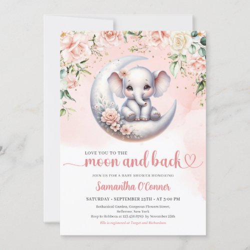 Cute elephant love you to the moon and back girl invitation