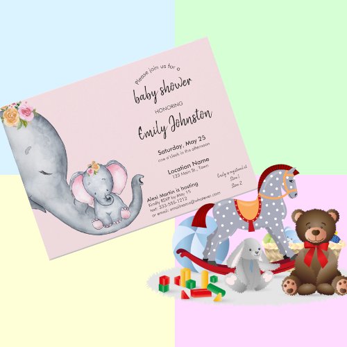 Cute Elephant Mama  Baby Pink Baby Shower Invitation
