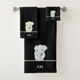 Cute Elephant & Monogram on Black Bath Towel Set