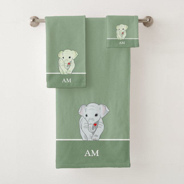 Cute Elephant & Monogram on Green Bath Towel Set (Insitu)