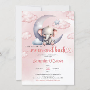 Cute elephant moon and back girl Baby Shower Invitation
