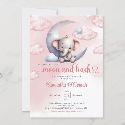 Cute elephant moon and back girl Baby Shower Invitation