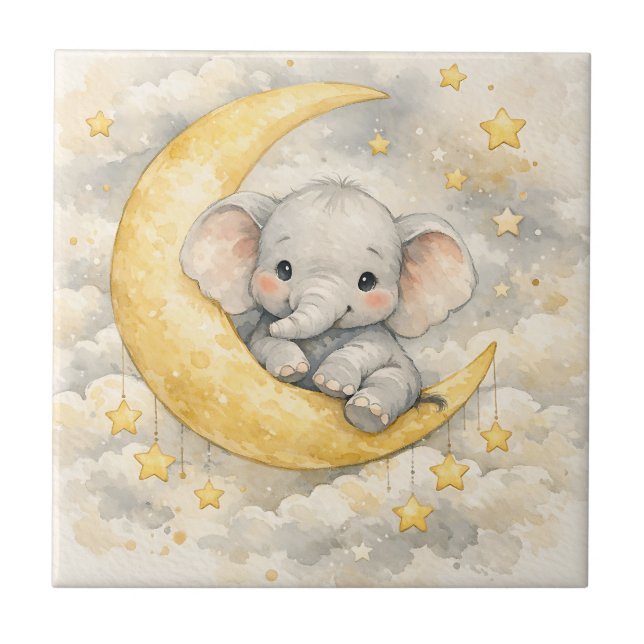 Cute Elephant Moon Nursery Art Ceramic Tile (Front)