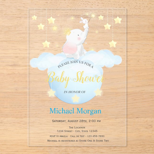Cute Elephant Moon Stars Acrylic Invitation (Front)