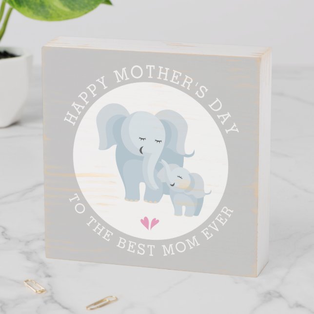 Cute elephant mother and baby gray Mothers Day Wooden Box Sign (In Situ Horizontal)
