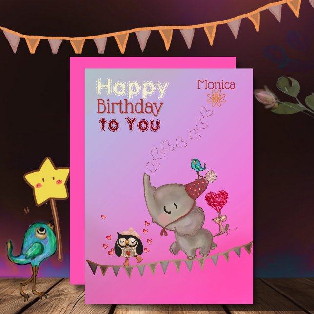 Cute Elephant & Mouse Pink Birthday Card (Cute Elephant & Mouse Pink Birthday Card)