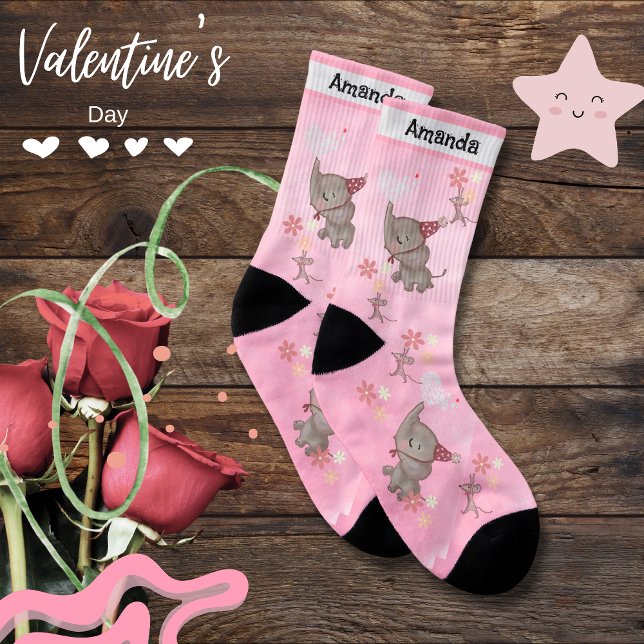 Cute Elephant Mouse Valentine Pink Socks (Cute Elephant Mouse Valentine Pink Socks)