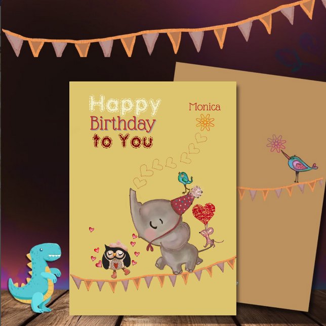 Cute Elephant & Mouse Yellow Birthday Card (Cute Elephant & Mouse Yellow Birthday Card)
