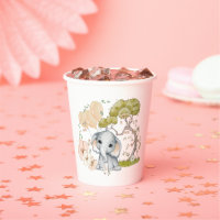 Cute Elephant Name Date Script Baby Shower Paper Cups