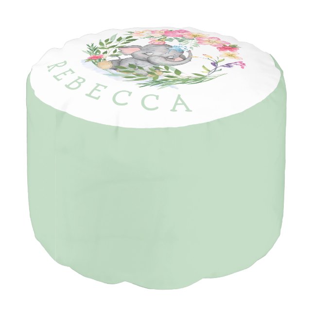 Cute Elephant Name Florals Mint Green Baby Nursery Pouf (Angled Back)