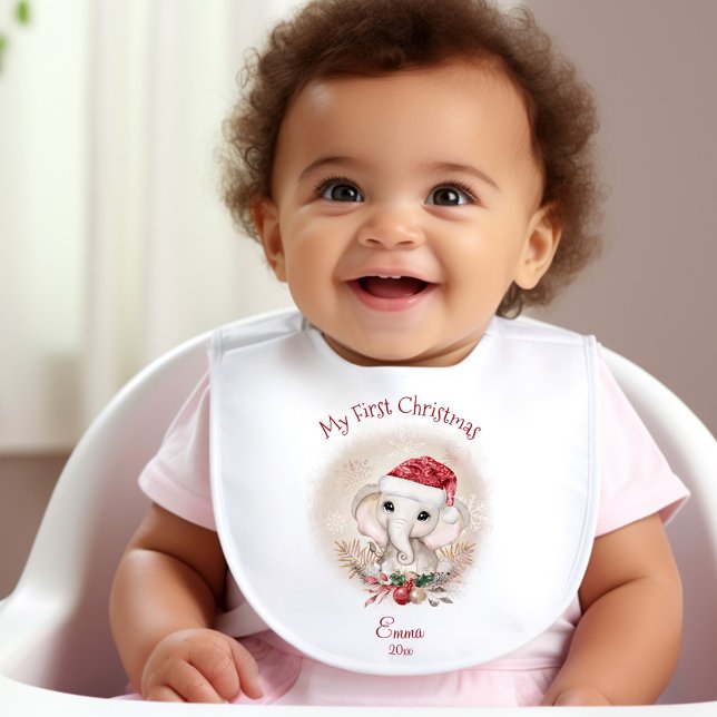 Cute Elephant Name My First Christmas Baby Bib (Cute Elephant My First Christmas Baby Bib)