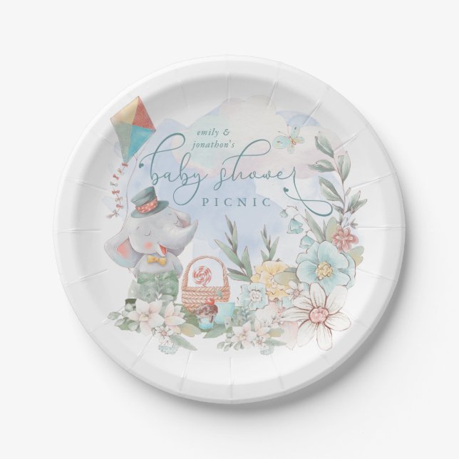 Cute Elephant Nature Boy Floral Baby Shower Picnic Paper Plates (Front)