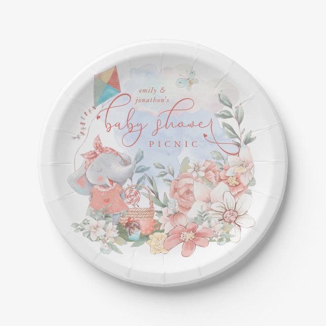 Cute Elephant Nature Florals Baby Shower Picnic  Paper Plates (Front)
