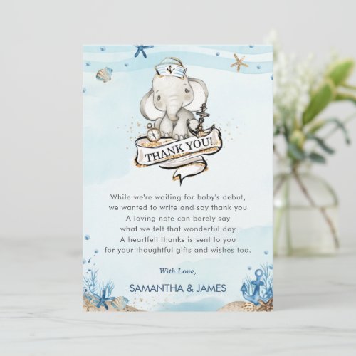 Cute Elephant Nautical Baby Boy Shower  Thank You Card