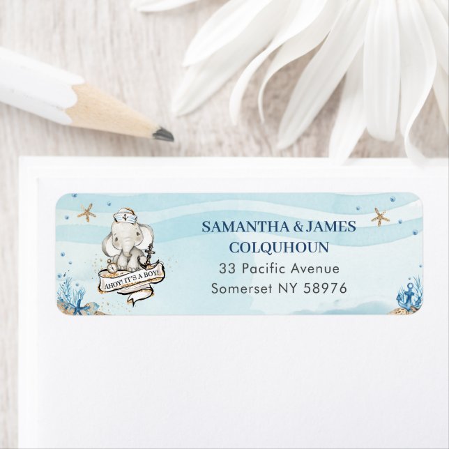 Cute Elephant Nautical Baby Shower Return Address  Label (Insitu)