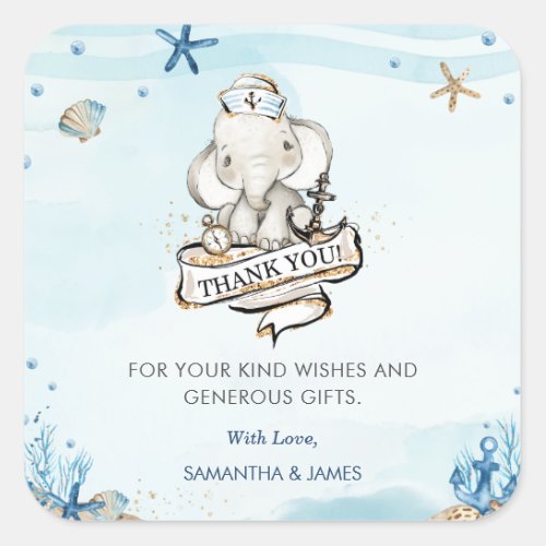 Cute Elephant Nautical Baby Shower Thank You Favor Square Sticker