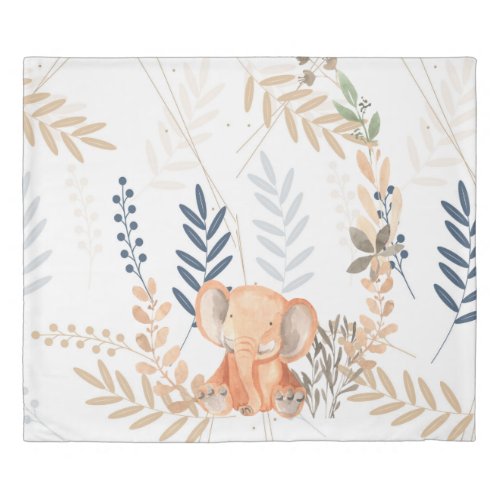 Cute Elephant Neutral Colors Leaves Kids Duvet Cover