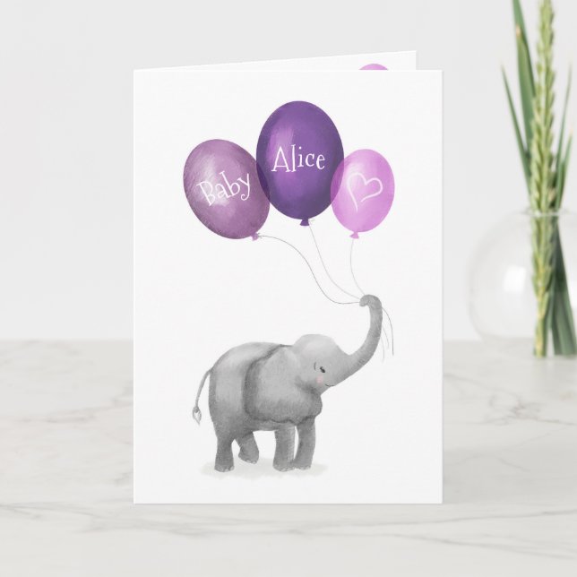 Cute elephant new baby personalized card (purple) (Front)