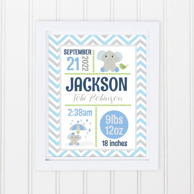 Cute Elephant Nursery Baby Boy Name Birth Stats Poster (Creator Uploaded)