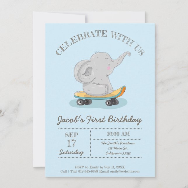 Cute Elephant on a Skateboard. Birthday Invitation (Front)