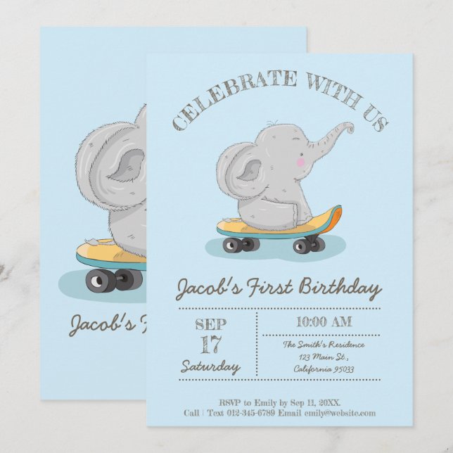 Cute Elephant on a Skateboard. Birthday Invitation (Front/Back)
