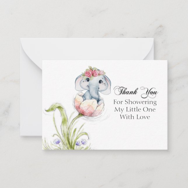 Cute Elephant on Flower Petals Thank You Note Card (Front)