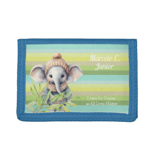 Cute elephant on green striped bg custom name trifold wallet
