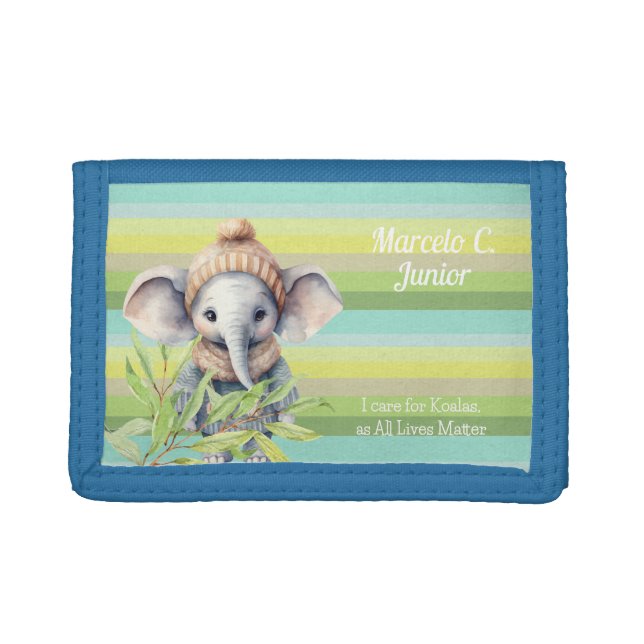 Cute elephant on green striped bg custom name  trifold wallet (Front)