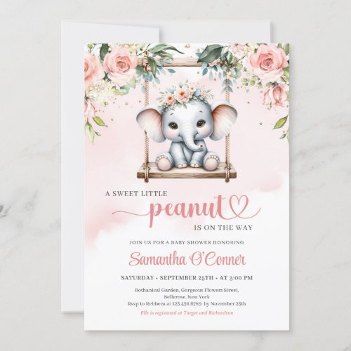 Cute elephant on swing blush roses greenery invitation