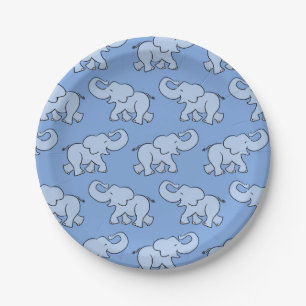 Cute Elephant Pattern Blue Baby Shower Paper Plates