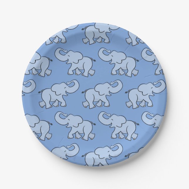 Cute Elephant Pattern Blue Baby Shower Paper Plates (Front)