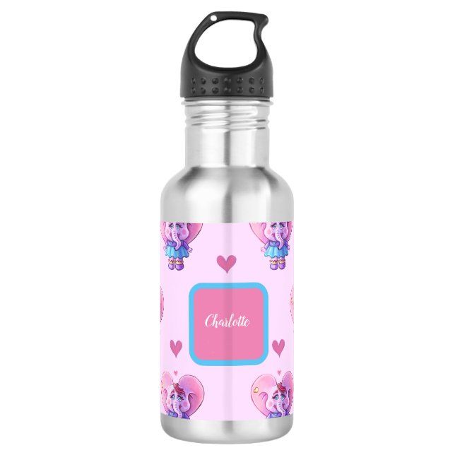 Cute Elephant Pattern (with Your Name) Stainless Steel Water Bottle (Front)